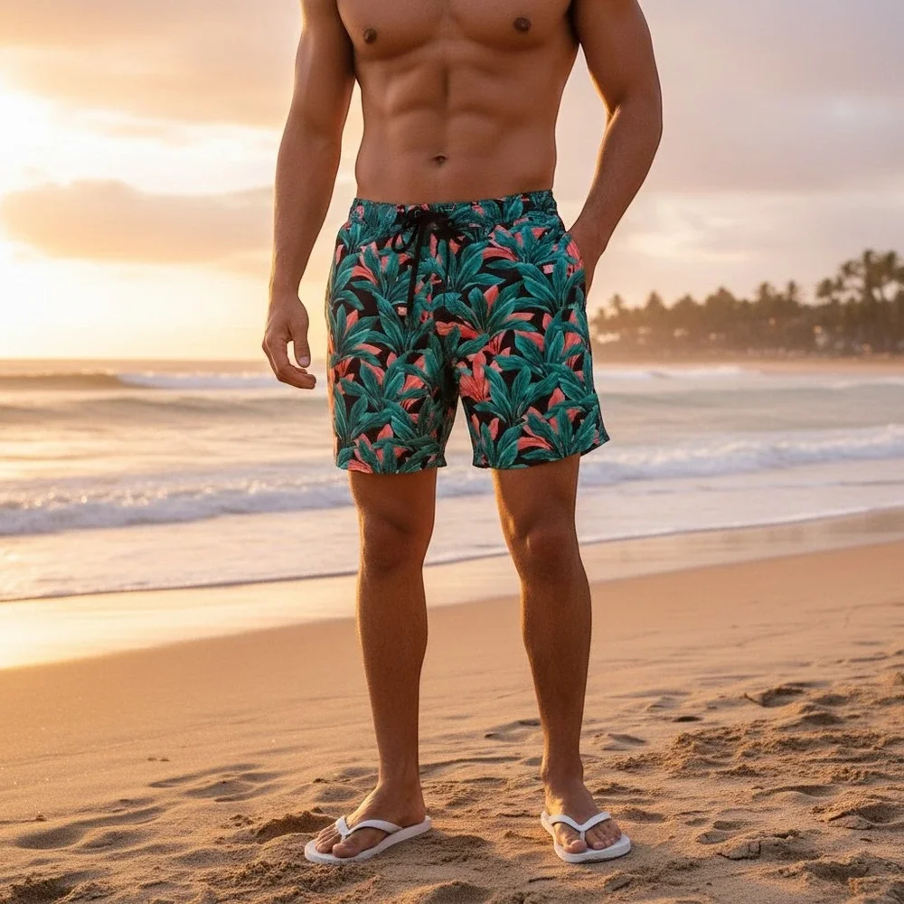 American Eagle Swim Trunks Mens L Teal Coral Excllnt Tropical Leaf Board‎ Shorts